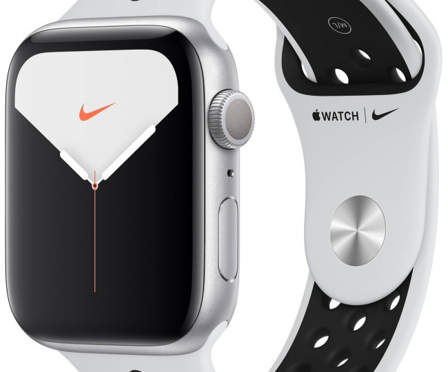 Apple Watch Series Nike 5 GPS 44 mm Carcasă din aluminiu argintiu Pure Plat/Blk Sp Band (MX3V2)